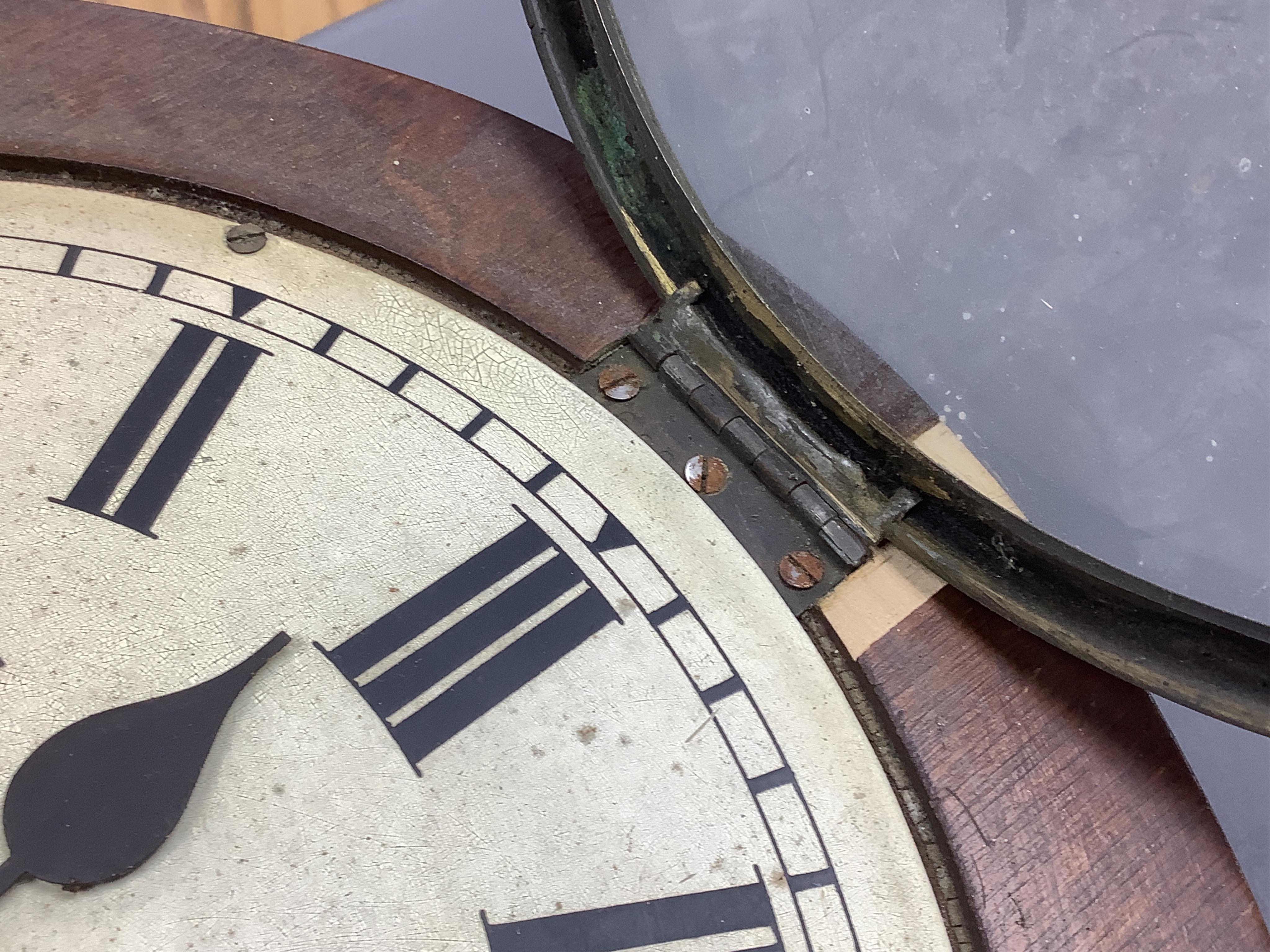 A railway timepiece (a.f.), the painted dial with; ’B.R.(S) John Walker 1, South Molton St. London 638.B’, indicating Southern Railway use, later repainted for Southern Region, with fusee eight day movement in a partiall